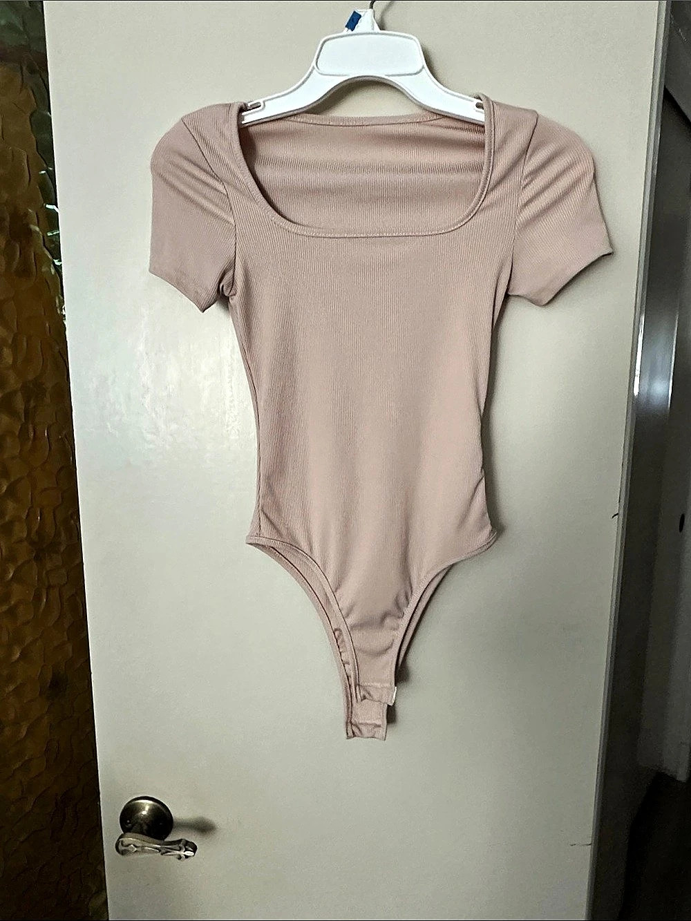 SHEIN Petite Ribbed Square Neck Short Sleeve Bodysuit Pink XS